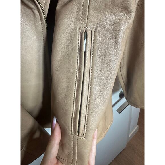 Eileen Fisher Rumpled Lux Moto Leather Jacket size Large US tan/beige color - Picture 9 of 10